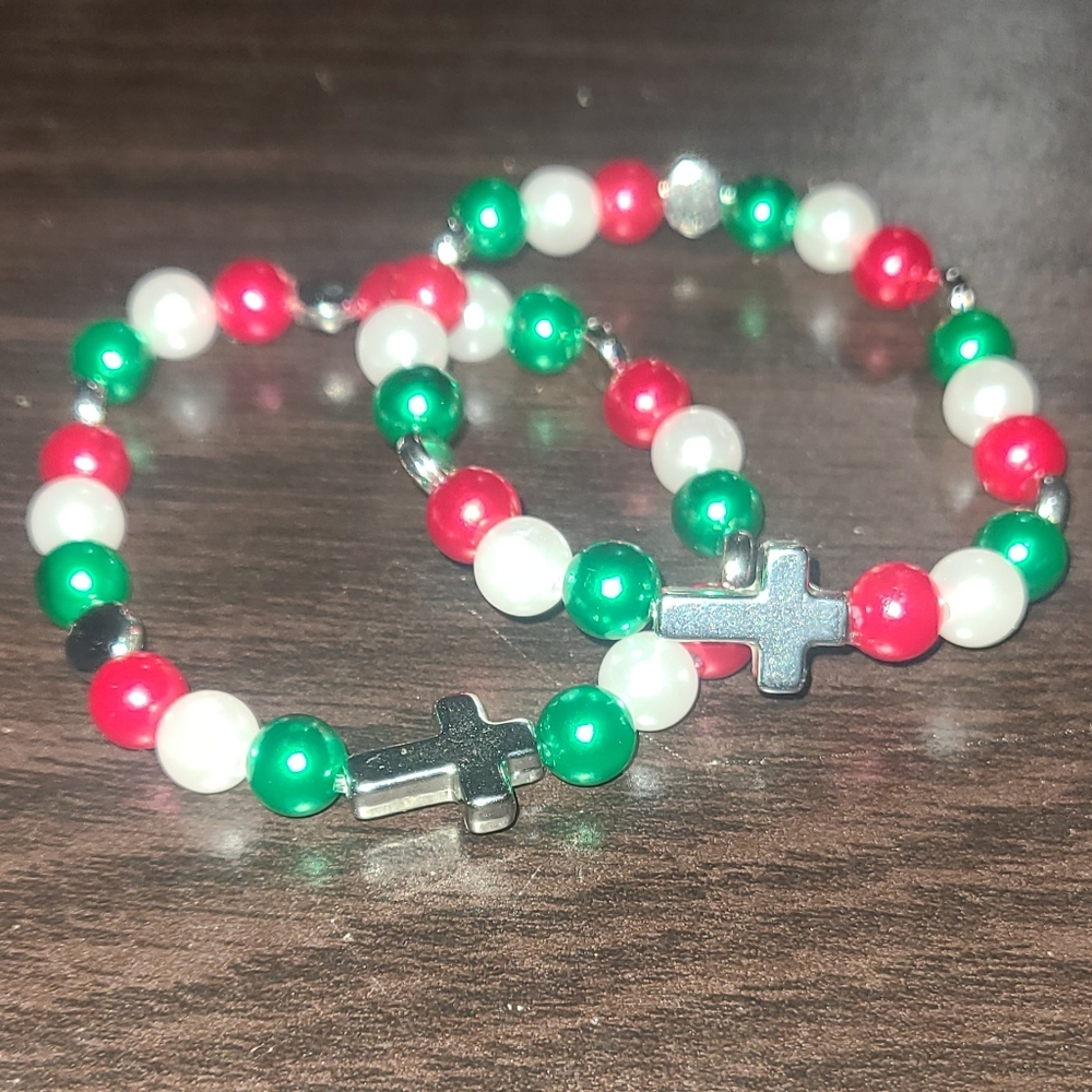 Handmade Stretch Bead Bracelets, Red, Green, White with Silver Cross Charm